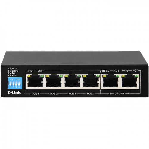 D-Link 6-Port Gigabit PoE Switch with 4 Long Reach PoE Ports and 2 Uplink Ports DGS-F1006P-E