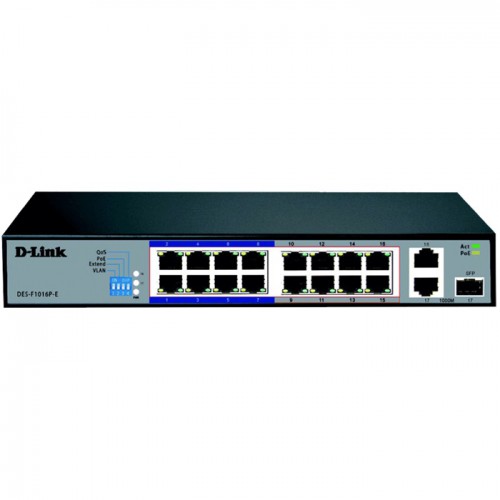 D-Link DES-F1016P-E 16-port 10/100 Unmanaged Long Range 250m PoE+ Surveillance Switch with 16 PoE ports