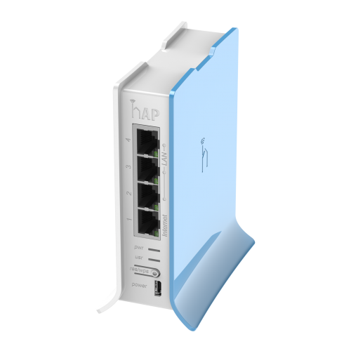 Mikrotik RB941-2nD-TC hAP lite TC Small home AP with four ethernet ports and a colorful enclosure.